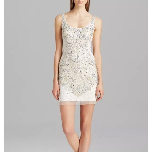 Adrianna Papell Women White Embellished Beaded Illusion Dress Size 4 Cocktail - Picture 3 of 12